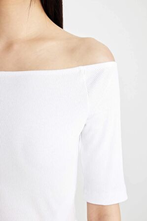 DeFacto Slim Fit Dar Kesim Omuzu Açık Fitilli Kaşkorse Kısa Kollu Tişört C9169AX24SMWT34