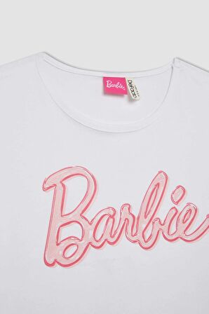 DeFacto Kız Çocuk Barbie Pijama Takımı Boxy Fit Kısa Kollu Üst Şort C8504A824SMWT34