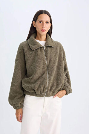 DeFacto Oversize Geniş Kalıp Polo Yaka Welsoft Pelüş Fermuarlı Hırka C8229AX24WNKH417