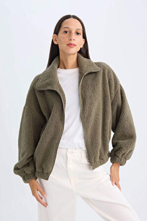 DeFacto Oversize Geniş Kalıp Polo Yaka Welsoft Pelüş Fermuarlı Hırka C8229AX24WNKH417