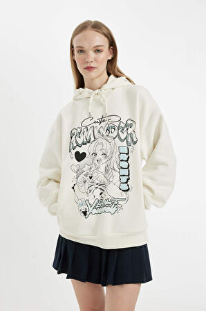 DeFacto Coool Oversize Geniş Kalıp Kapüşonlu Baskılı Kalın Sweatshirt C7859AX24WNWT32