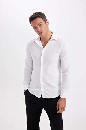 DeFacto Modern Fit Polo Yaka Poplin Uzun Kollu Beyaz Gömlek R4340AZNSWT60