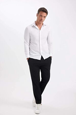 DeFacto Modern Fit Polo Yaka Poplin Uzun Kollu Beyaz Gömlek R4340AZNSWT60