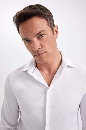 DeFacto Modern Fit Polo Yaka Poplin Uzun Kollu Beyaz Gömlek R4340AZNSWT60