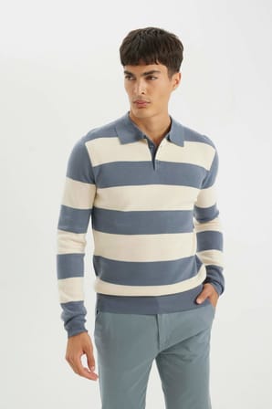 DeFacto Standart Fit Normal Kesim Çizgili Polo Yaka Triko Kazak Y4194AZ24WNIN34