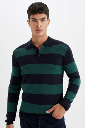 DeFacto Standart Fit Normal Kesim Çizgili Polo Yaka Triko Kazak Y4194AZ24WNGN852