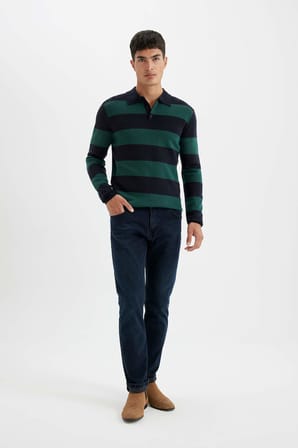 DeFacto Standart Fit Normal Kesim Çizgili Polo Yaka Triko Kazak Y4194AZ24WNGN852