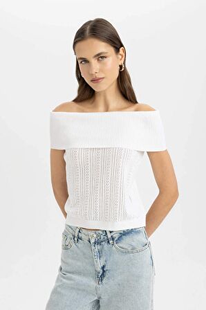 DeFacto Fitted Açık Omuz Triko Tişört D0604AX24SMWT34