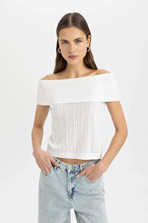 DeFacto Fitted Açık Omuz Triko Tişört D0604AX24SMWT34