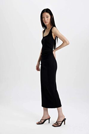 DeFacto Straight Fit Kare Yaka Fitilli Kaşkorse Kolsuz Midi Elbise C4819AX24SMBK81