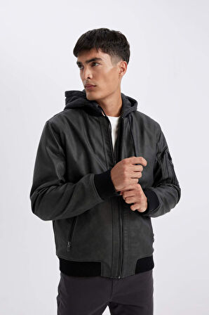 Slim Fit Kapüşonlu Suni Deri Mont