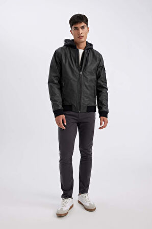 Slim Fit Kapüşonlu Suni Deri Mont