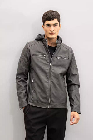 Slim Fit Kapüşonlu Suni Deri Ceket Mont