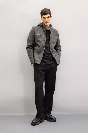 Slim Fit Kapüşonlu Suni Deri Ceket Mont
