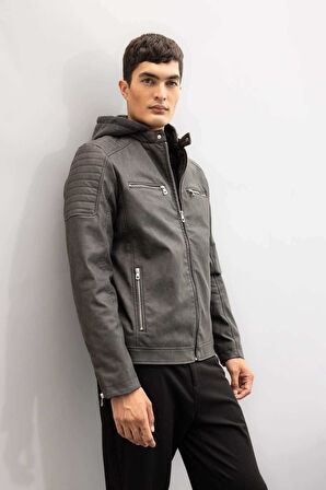 Slim Fit Kapüşonlu Suni Deri Ceket Mont