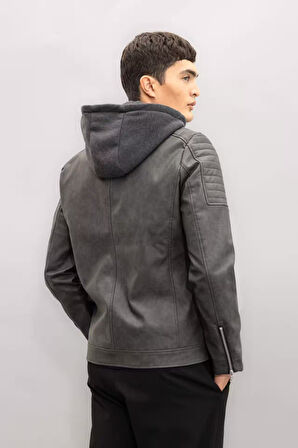 Slim Fit Kapüşonlu Suni Deri Ceket Mont