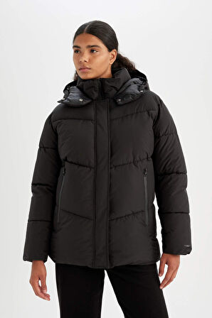 DeFactoFit Su İtici Mont Kapüşonlu Polar Astarlı Fermuarlı Su Geçirmez A1553AX24WNBK81