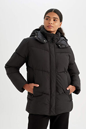 DeFactoFit Su İtici Mont Kapüşonlu Polar Astarlı Fermuarlı Su Geçirmez A1553AX24WNBK81