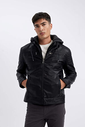DeFacto Su İtici Slim Fit Dar Kesim Kapüşonlu Pelüş Astar Fermuarlı Cepli Suni Deri Mont N9693AZ24WNBK27
