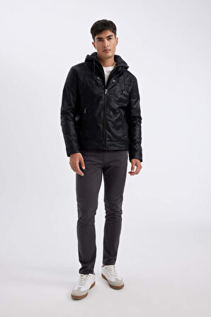 DeFacto Su İtici Slim Fit Dar Kesim Kapüşonlu Pelüş Astar Fermuarlı Cepli Suni Deri Mont N9693AZ24WNBK27