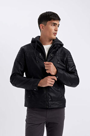 DeFacto Su İtici Slim Fit Dar Kesim Kapüşonlu Pelüş Astar Fermuarlı Cepli Suni Deri Mont N9693AZ24WNBK27