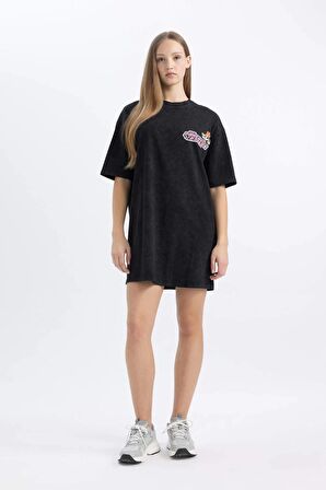 DeFacto Coool PowerPuff Girls Oversize Geniş Kalıp Bisiklet Yaka Penye Mini Tişört Elbise C3504AX24SMBK81
