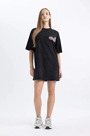 DeFacto Coool PowerPuff Girls Oversize Geniş Kalıp Bisiklet Yaka Penye Mini Tişört Elbise C3504AX24SMBK81
