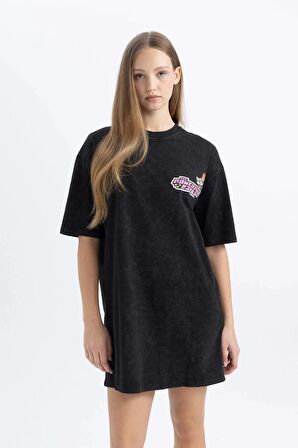 DeFacto Coool PowerPuff Girls Oversize Geniş Kalıp Bisiklet Yaka Penye Mini Tişört Elbise C3504AX24SMBK81
