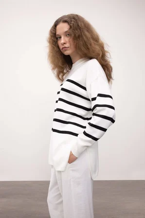 DeFacto Relax Fit Çizgili Bisiklet Yaka Triko Kazak Tunik S7517AZ24WNER105