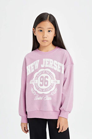 Kız Çocuk Relax Fit Bisiklet Yaka Üniversite Baskılı Sweatshirt