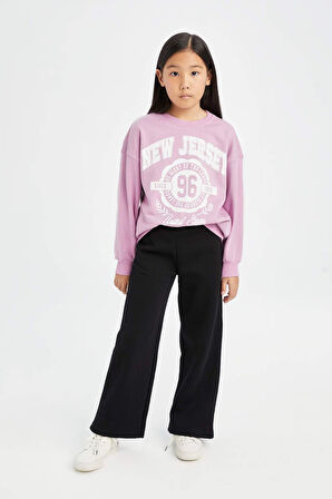 Kız Çocuk Relax Fit Bisiklet Yaka Üniversite Baskılı Sweatshirt