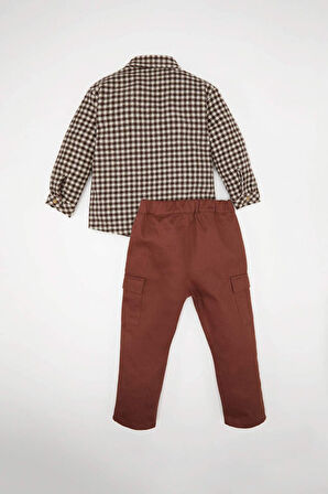 Erkek Bebek 2'li Takım Kareli Uzun Kollu Gömlek Kargo Cepli Alt