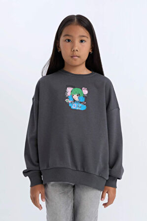 Kız Çocuk Relax Fit Bisiklet Yaka Sweatshirt