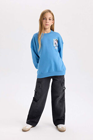 DeFacto Kız Çocuk Relax Fit Bisiklet Yaka Sırt Baskılı Sweatshirt D6496A8NSBE765