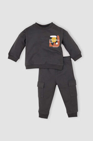 DeFacto Erkek Bebek 2'li Takım Bisiklet Yaka Baskılı Sweatshirt Beli Lastikli Kargo Cepli Eşofman Altı D7653A524WNAR202