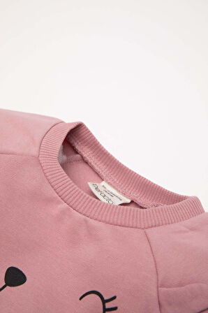 Kız Bebek Bisiklet Yaka Baskılı İçi Yumuşak Tüylü Sweatshirt