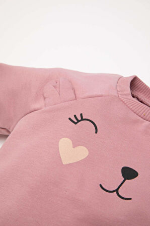 Kız Bebek Bisiklet Yaka Baskılı İçi Yumuşak Tüylü Sweatshirt