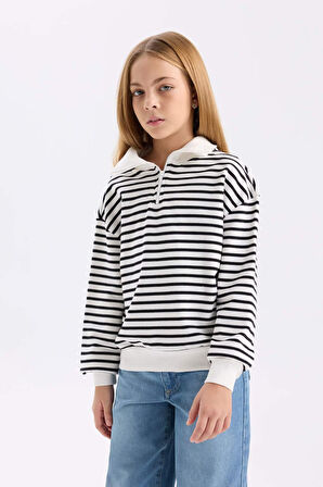 DeFacto Kız Çocuk Oversize Geniş Kalıp Yarım Fermuarlı Çizgili Sweatshirt D2883A824WNAR227