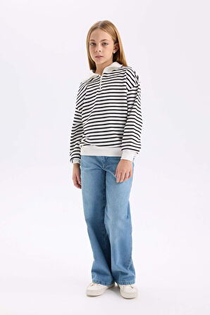 DeFacto Kız Çocuk Oversize Geniş Kalıp Yarım Fermuarlı Çizgili Sweatshirt D2883A824WNAR227