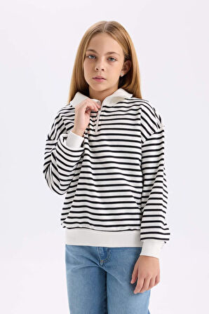 DeFacto Kız Çocuk Oversize Geniş Kalıp Yarım Fermuarlı Çizgili Sweatshirt D2883A824WNAR227
