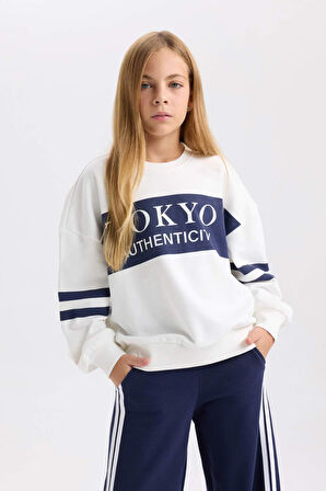 DeFacto Kız Çocuk Oversize Geniş Kalıp Bisiklet Yaka Baskılı Sweatshirt D3806A824WNNV241