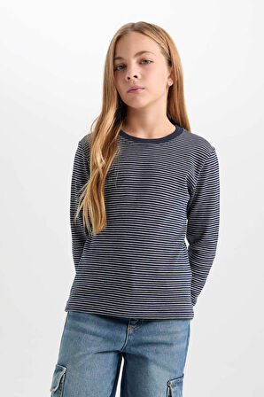 DeFacto Kız Çocuk Slim Fit Dar Kesim Bisiklet Yaka Çizgili Uzun Kollu Tişört D0704A824AUNV241