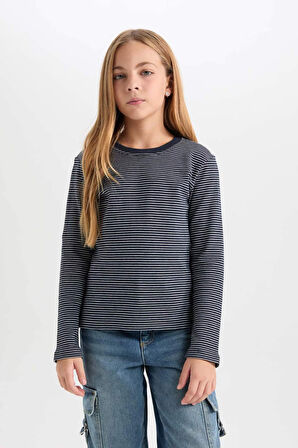 DeFacto Kız Çocuk Slim Fit Dar Kesim Bisiklet Yaka Çizgili Uzun Kollu Tişört D0704A824AUNV241