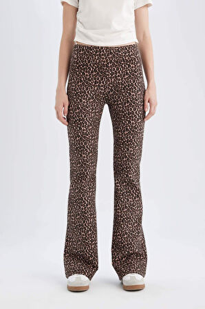 DeFacto Flare Fit Leopar Desenli Düz Paça Uzun Boy Pantolon D7452AX24AUBG655