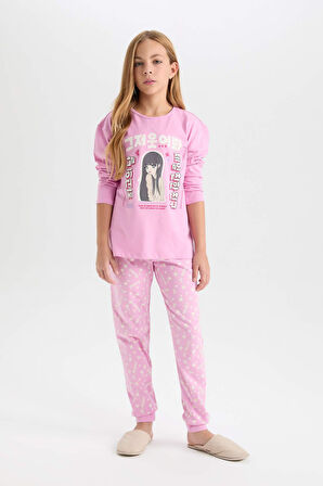 DeFacto Kız Çocuk Pijama Takımı Baskılı Uzun Kollu Üst Uzun Alt D8191A8NSPN444