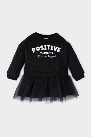 Kız Bebek Baskılı Uzun Kollu Tütü Etekli Sweatshirt Elbise