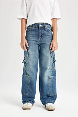 DeFacto Kız Çocuk Wide Leg Kargo Cepli Geniş Bol Paça Jean Pantolon D7176A824WNNM28