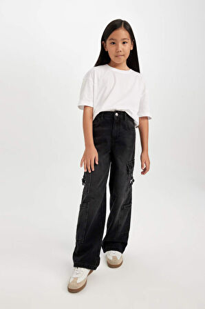 DeFacto Kız Çocuk Wide Leg Kargo Cepli Geniş Bol Paça Antrasit Jean Pantolon D7177A824WNNM36