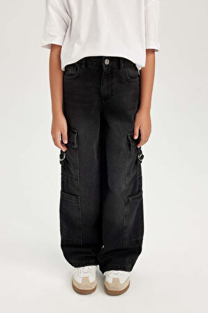 DeFacto Kız Çocuk Wide Leg Kargo Cepli Geniş Bol Paça Antrasit Jean Pantolon D7177A824WNNM36