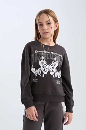 DeFacto Kız Çocuk Oversize Geniş Kalıp Bisiklet Yaka Baskılı Sweatshirt D4386A824WNAR227
